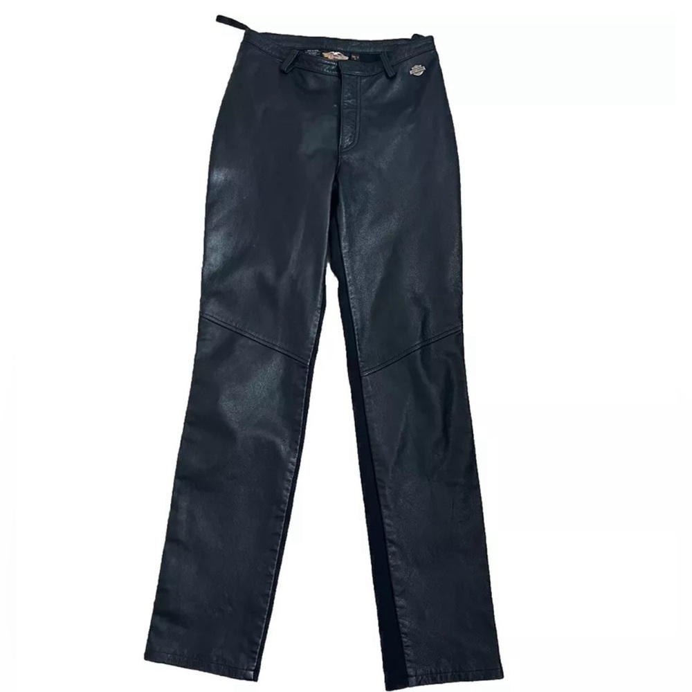 HARLEY DAVIDSON Logo LEATHER & Spandex BIKER Riding PANTS Sz 30 / 2 30.5” Inseam